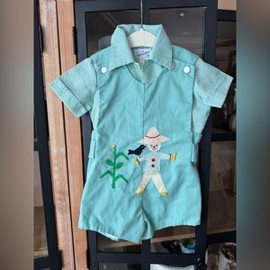 80s Vintage JonJon Shortall set Toddler Romper Scarecrow Corn Appliqué gingham